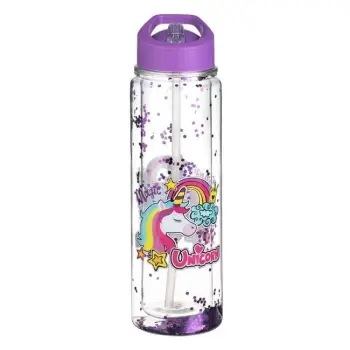 shishe për fëmijë me kapak të lëvizshëm, transparent me mur të dyfishtë, kapak të purpurt, me glitter magjik të një unicorni, 500ml.