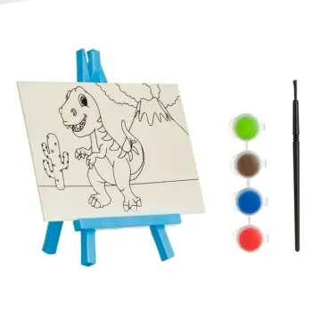 Komplet artizanal me shenjë druri dinosauri 4 ngjyra penel &amp; kavalet - 7 copë.