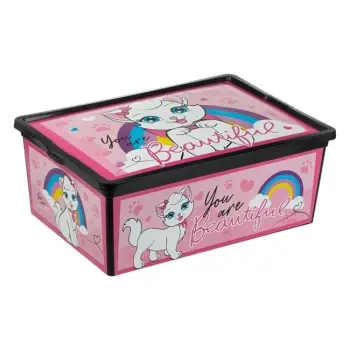 Kuti lodrash me kapak dhe rrota mace roze 37x26x14cm - 10lt