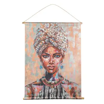 Pikturë etnike tekstili "Figura e femrës me ngjyra" me mbështetëse druri 76x97 cm