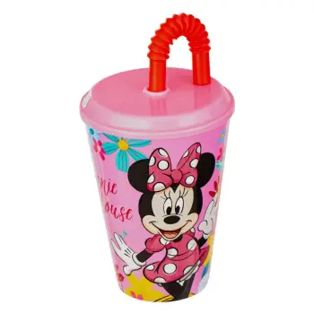Kupë plastike me kashtë &amp; kapak minnie rozë 430ml
