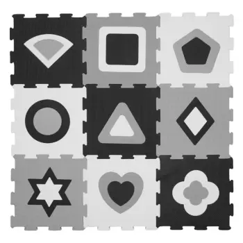 Puzzle dyshemeje për fëmijë me forma gjeometrike bardhë e zi 32x32cm (9 copë)