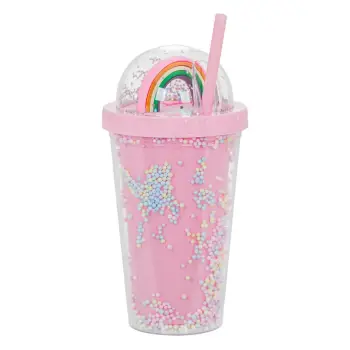 Gotë plastike rozë transparente me kapak dhe dizajn Rinbow 450 ml
