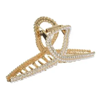 Kapëse flokësh për gra, ngjyrë ari, me unazë me perla të bardha dhe diamant të rremë 11.5 cm.