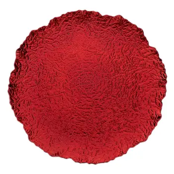 Pjatë dekorative për Krishtlindje, plastike e rrumbullakët, e kuqe, asimetrike e relievuar, Ø33x1.5cm