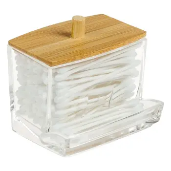 Kuti transparente akrilike për shkopinj pambuku me kapak bambuje 9x7x7cm