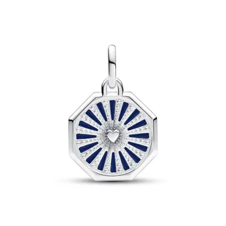 Heart octagon sterling silver medallion with glittery and blue enamel - 3