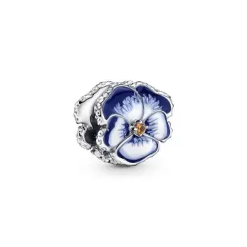 Pansy sterling silver charm with clear cubic zirconia, burnt orange crystal, shaded blue and white enamel