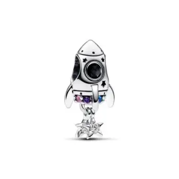 Space rocket sterling silver charm with phlox pink, royal purple, stellar blue and royal green crystal and clear cubic zirconia
