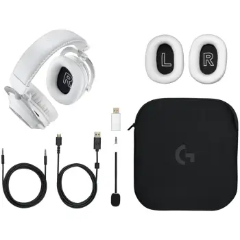 Kufje Gaming Logitech PRO X 2 Lightspeed – Bardhë + Mikrofoni + Jastekë shtesë për veshët + Çantë + Adapter + Kabllo USB-C + Kabllo audio