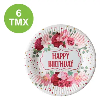 Pjata per feste ditelindje me lule happy birthday 6 cp 23 cm