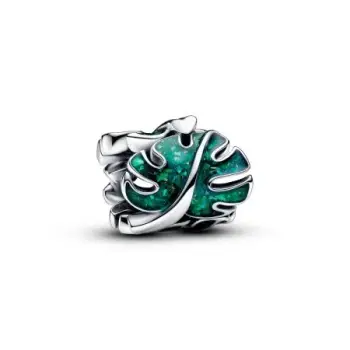 Monstera leaves sterling silver charm with holographic glittery green enamel
