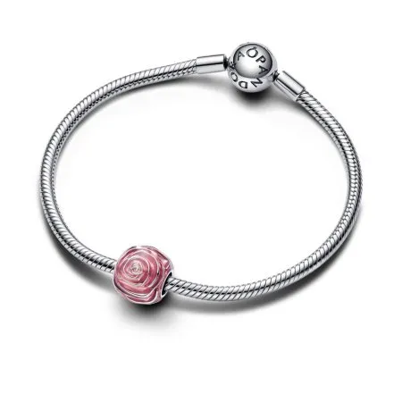 Pink rose sterling silver charm with transparent pink enamel - 2