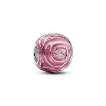 Pink rose sterling silver charm with transparent pink enamel