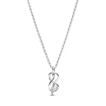 Infinity knot sterling silver pendant necklace with pink lacquered artificial pearl and clear cubic zirconia