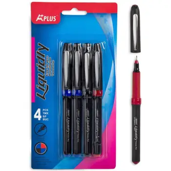 Stilolaps I Zi "A-Plus" Me Boje Të Lëngshme I Kuq &amp; Blu&amp; I Zi 4 Copë