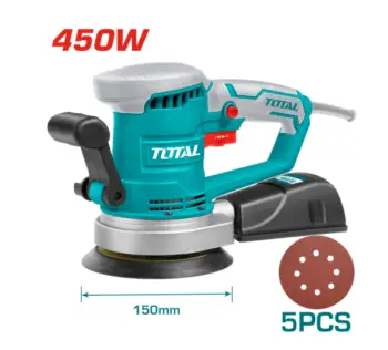 TOTAL Orbital Sander 450W – Makineri profesionale për lëmim 150mm me 5 disqe dhe sistem mbledhjeje pluhuri