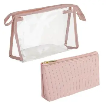 Set çantash makeupi rozë transparente me vija vertikale - 2 copë