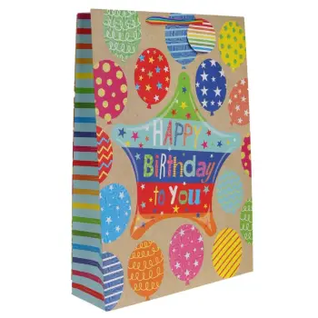 çantë kartoni në ngjyrë bezhë me tullumbace me ngjyra "Happy Birthday" 33x10x46cm