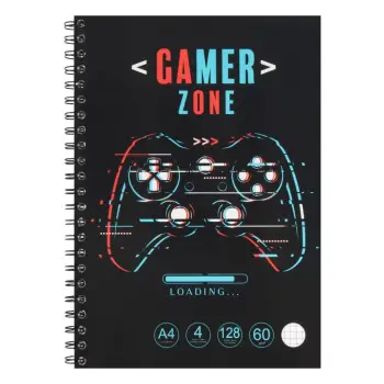 Fletore matematike A4 me kopertinë të zezë me dizajn Gaming me 4 ndarje dhe spirale - 128F