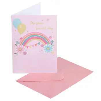 Kartolinë ditëlindjeje “Happy Birthday” me ylber, tullumbace dhe zarf rozë (12x17cm)
