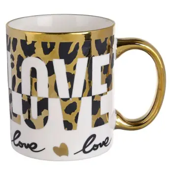 Filxhan qeramik me dizajn leopard, e bardhë dhe gold "Love" - ??340ml