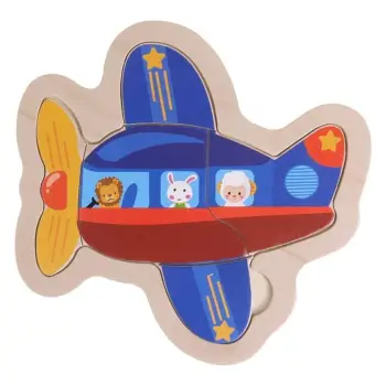 Puzzle prej druri me aeroplan blu dhe kafshë (4 copë) 15x15cm