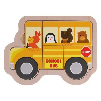 Puzzle prej druri me autobus shkolle dhe kafshë (4 copë) 16x12cm