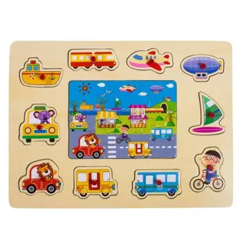Puzzle prej druri, rruga me mjete transporti (10 copë - forma) 30x22cm