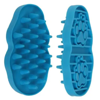 Furçë silikoni për banjë dhe masazh për kafshë shtëpiake blu me dhëmbëza 7.5x3x13cm