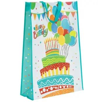 Qese e ripërdorimëshe PP, me dizajn tullumbace, tortë me ngjyrë të bardhë "Happy Birthday" 49x18x70cm