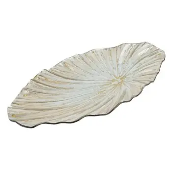 Pjatë dekorative për Krishtlindje me formë gjethe qelqi, silver me xixa shampanjë 36x18cm