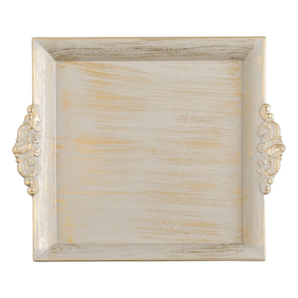 Pjatë plastike dekorative katrore bezhë e lyer me gold 30x26cm - 1