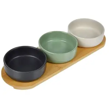 Tabaka servirjeje prej bambuje me 3 tasa qeramike 32x10x4.5cm