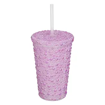Gotë plastike në ngjyrë roze me perla dhe pipë 500ml