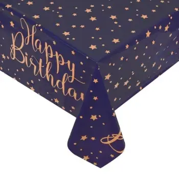 Mbulesë tavoline plastike për desta, blu me yje gold "Happy Birthday" 180x120cm