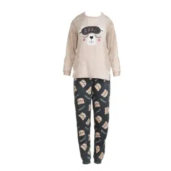 Set pizhamash dimërore velvet, ngjyrë bezhë gri, me arush "ZZZ.." për femra, L-XL