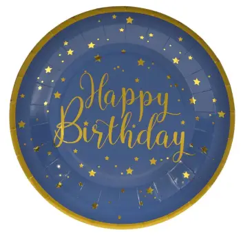 Pjata për festa prej letre, blu me yje dhe shkrim "Happy Birthday" gold Ø23cm - 6 copë