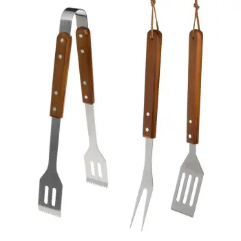 Set vegla për barbecue prej inoksi me dorezë druri - 3 copë