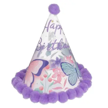 Kapelë feste plastike transparente me dizajn flutura dhe pom pom lejla "Hapay Birthday" 18cm