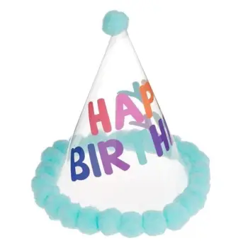 Kapelë feste plastike transparente, me pom pom ngjyrë blu e çelët "Happy Birthday" 18 cm