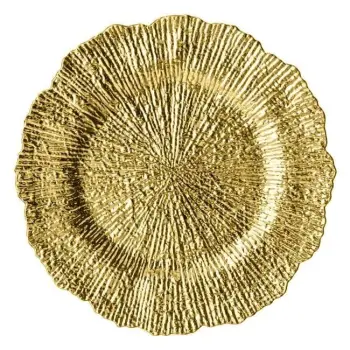 Pjatë dekorative për Krishtlindje, e rrumbullakët, me skaje formë lule, gold, dhe model radial Ø40cm