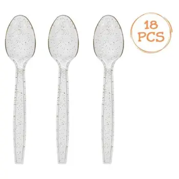 Lugë plastikë për festa, të ripërdorshëm, transparentë me xixa gold 15.2cm - 18 copë