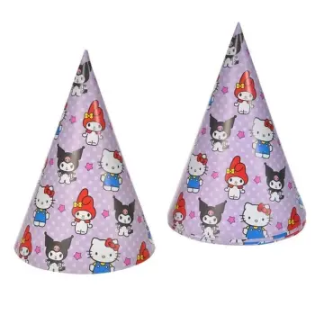 Kapele kartoni për festa, lejla me pika të bardha dhe dizajn me Hello Kitty &amp; Kuromi 16cm - 6 copë