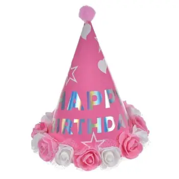 Kapelë rozë për festë me trëndafila të bardhë dhe rozë me shkrim "Happy Birthday" dhe pom pom 21cm