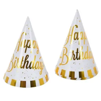 Kapele për festa me vija të bardha, gold "Happy Birthday" 16cm - 6 copë