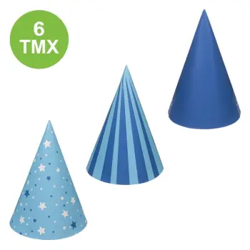Kapele për festa letre blu, me vija, me yje 16 cm - 6 copë