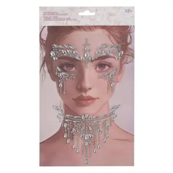 Sticker me gurë për fytyrën dhe qafën, kristale, lot, ngjyrë silver