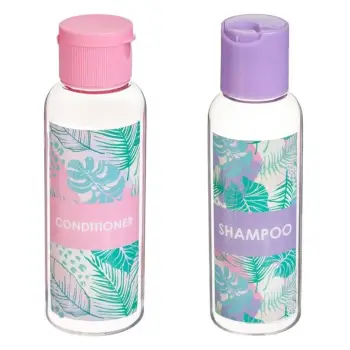 Set shishesh udhëtimi me dizajn gjethe tropikale shumëngjyrëshe 100ml - 2 copë