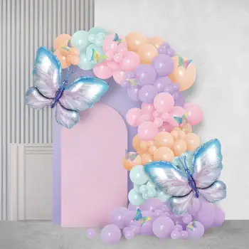 Set dekorimi për festa me tullumbace ngjyra pastel dhe flutura – 140 copë